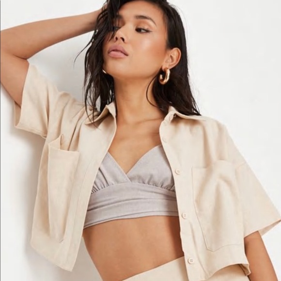 Missguided Cream Co Ord Linen Crop Shirt & Mini Skirt Set - Picture 2 of 4